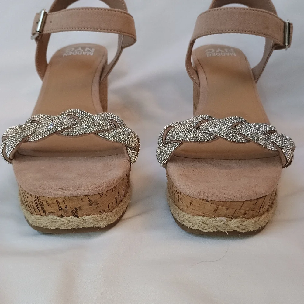 Madden NYC Wedge Sandals Womens 8.5 Braided Rhinestone Blush Buckle Ankle Strap